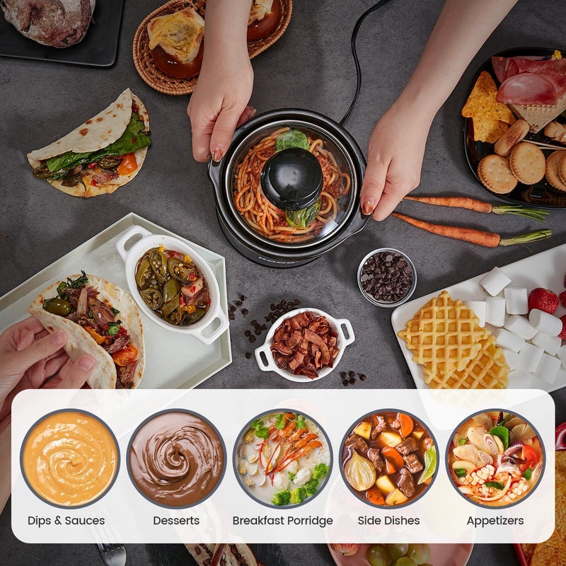 KOOC Small Slow Cooker, 0.65 Quart, Free Liners Included, Upgraded Ceramic Pot, Nutrient Loss Reduction, Sauces, Stews & Dips, Stainless Steel, Black, Round - Image 5